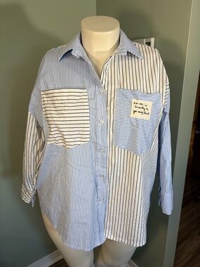 73. Zeta Otto Striped Patchwork Button-Up Shirt - Blue/White